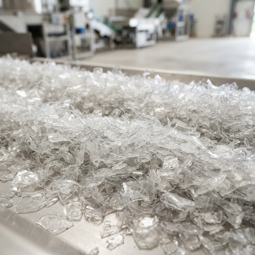 Clean crushed clear plastic flakes ready for reprocessing