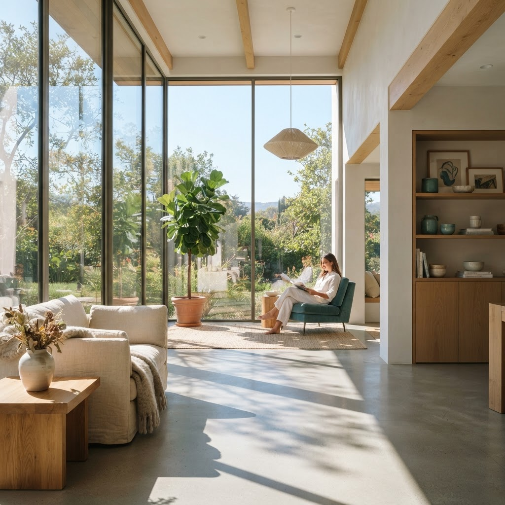 Sunlight streaming through a clear recycled-plastic window into a bright modern room